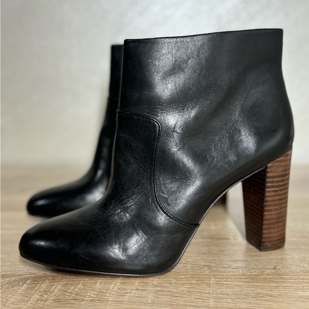 Ann Taylor Black Leather Ankle Heeled Boots with Stacked Wood Heel